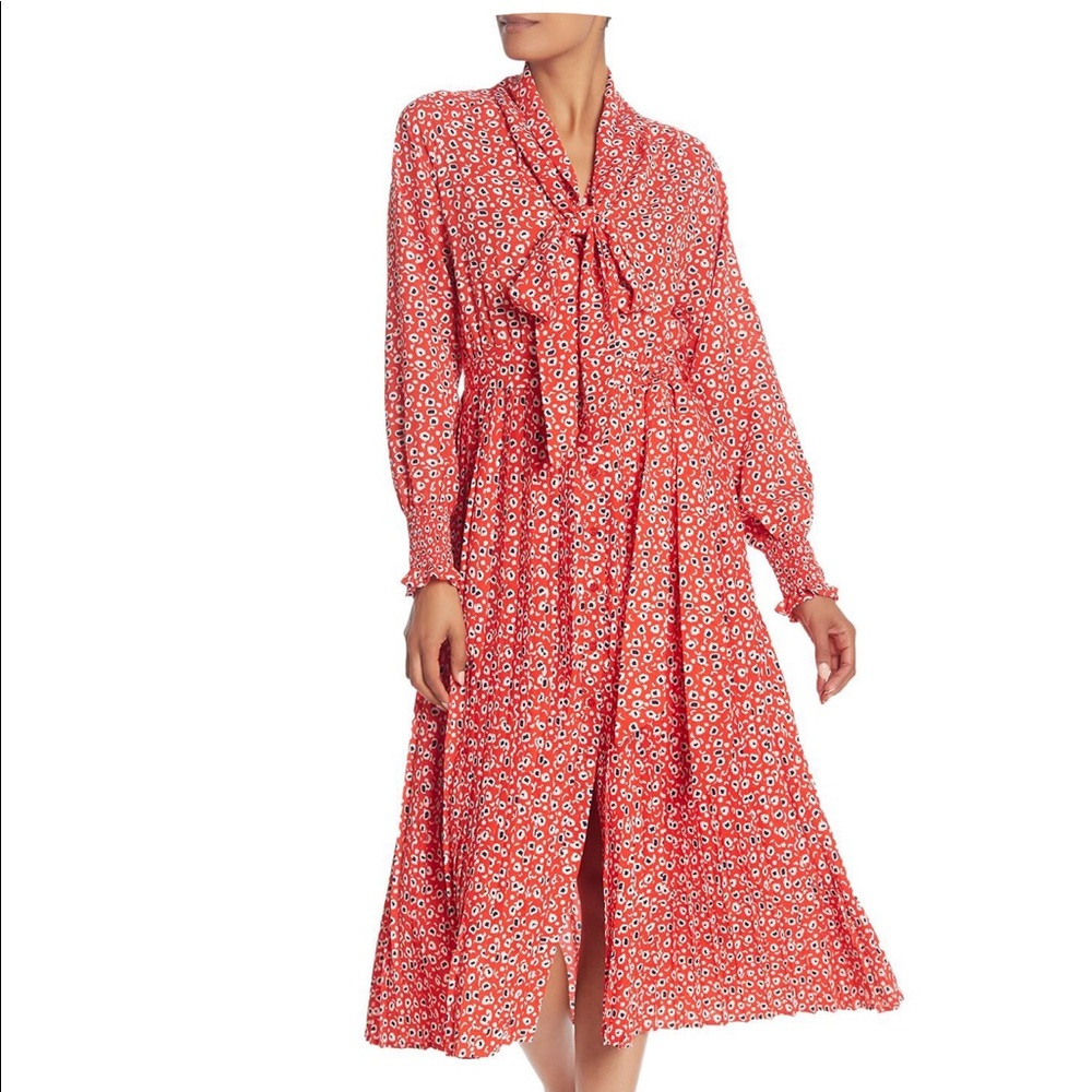 Gracia Tie Neck Pleated Long Sleeve Midi Dress